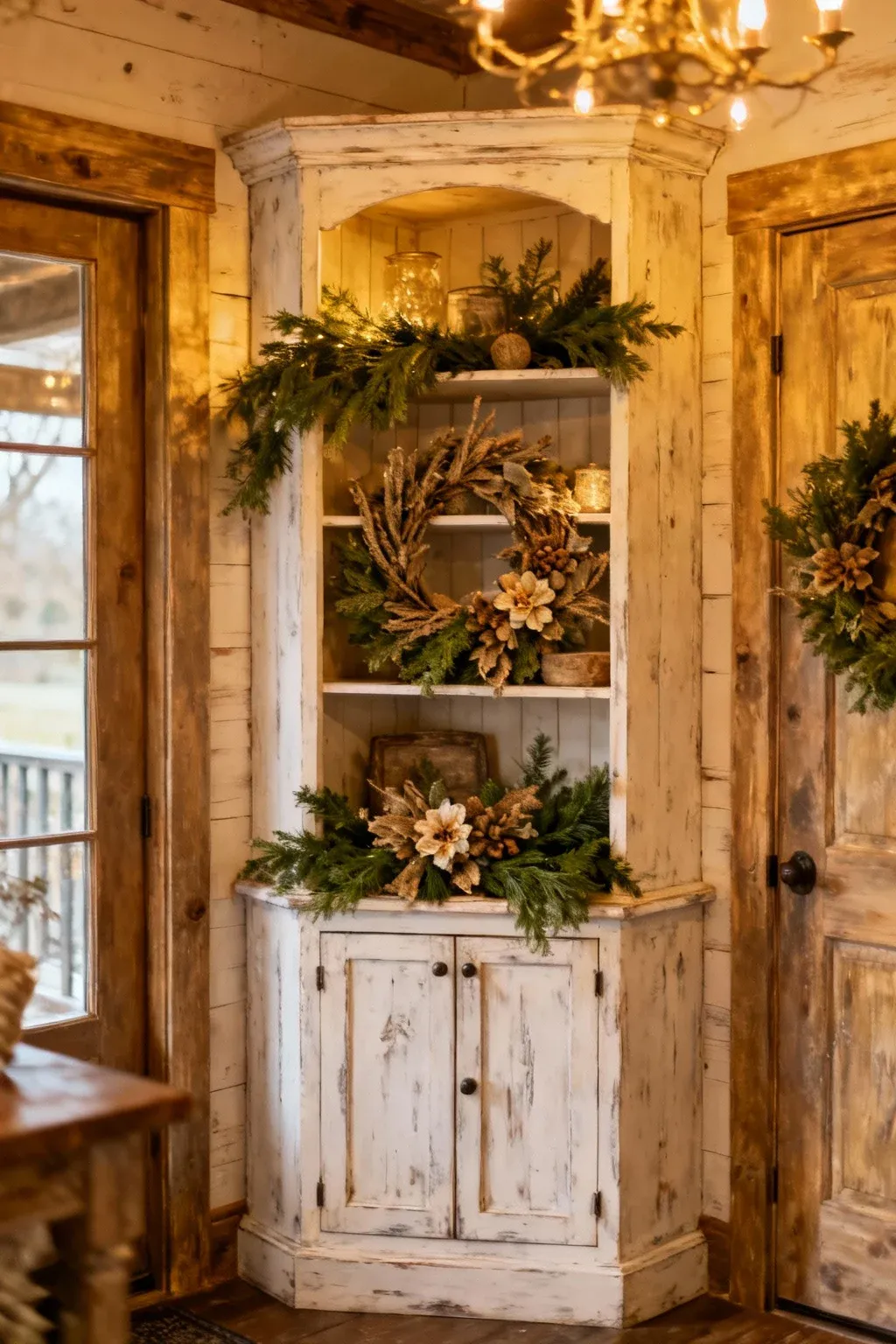 Rustic farmhouse corner cabinet decorated with seasonal greenery and floral accents