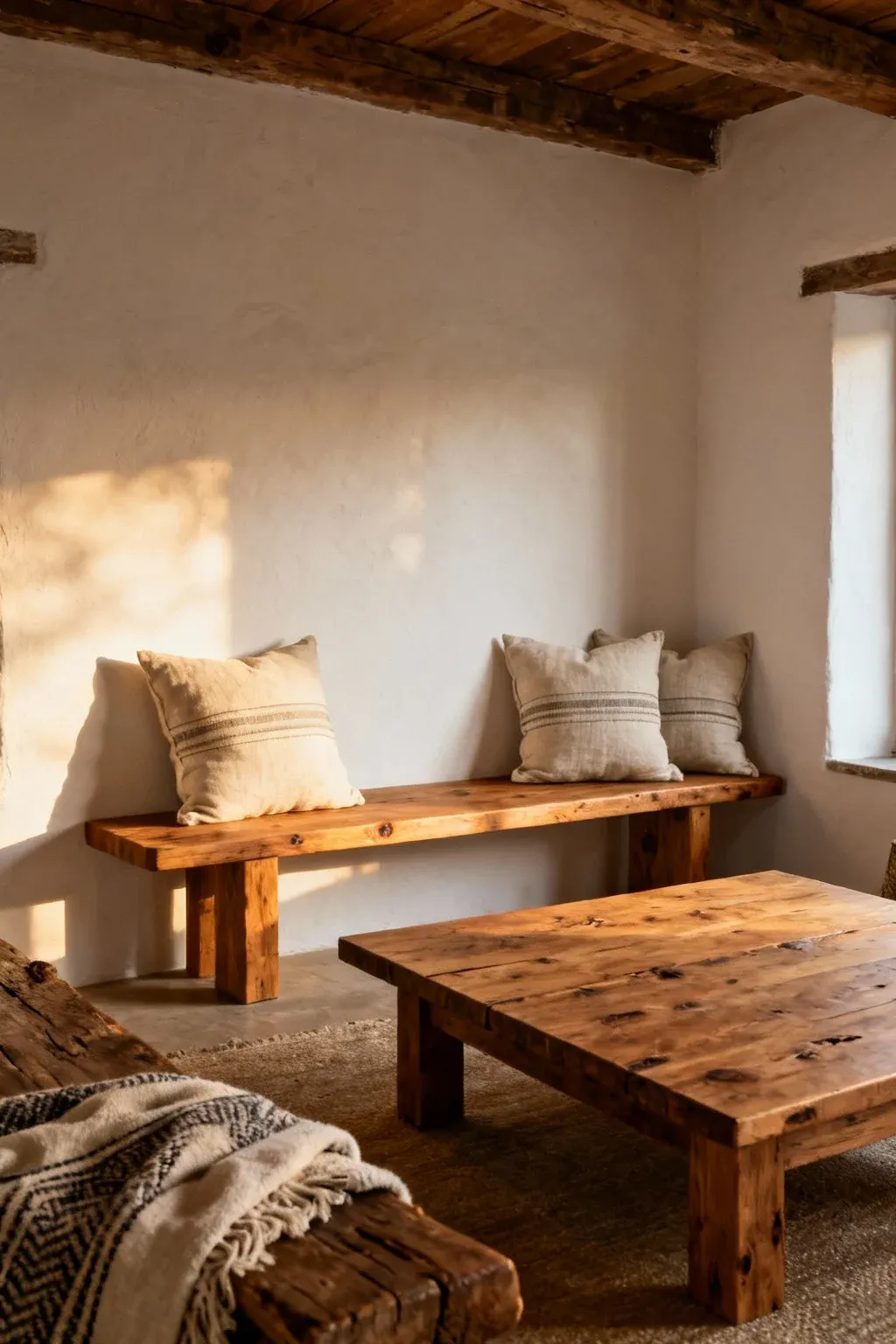 Rustic wooden bench in farmhouse living room styled with neutral throw pillows