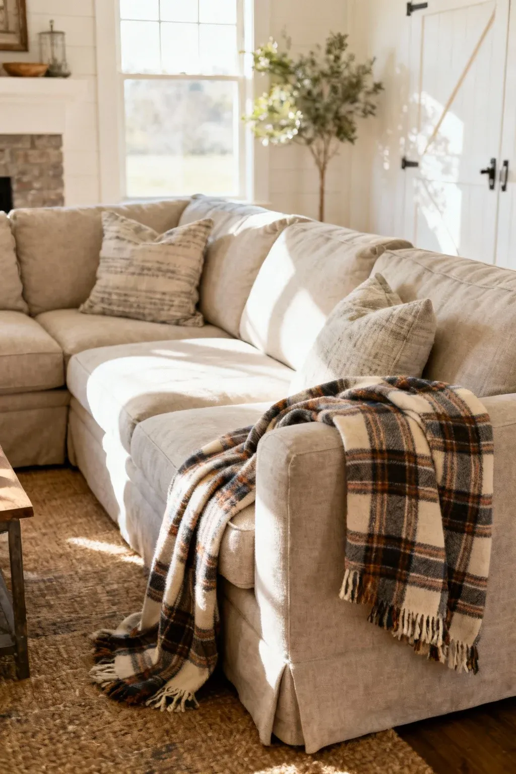 Neutral farmhouse sectional with plaid throw blankets creating a cozy rustic look