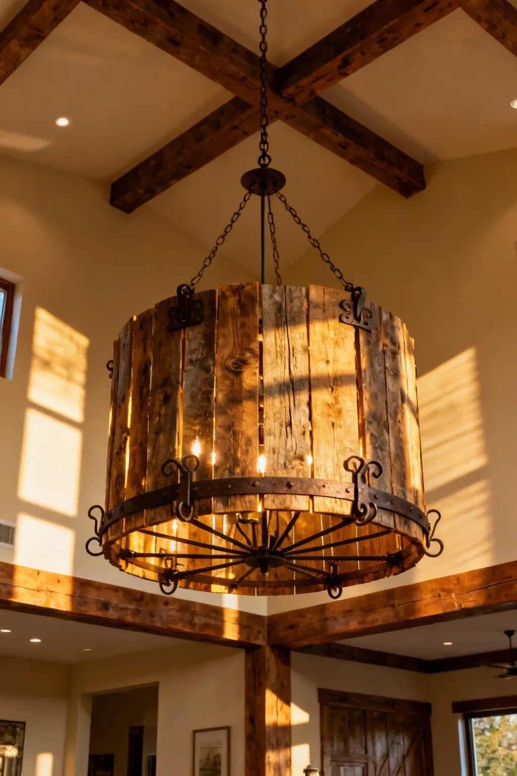 Oversized rustic farmhouse chandelier with wood and iron details hanging from ceiling