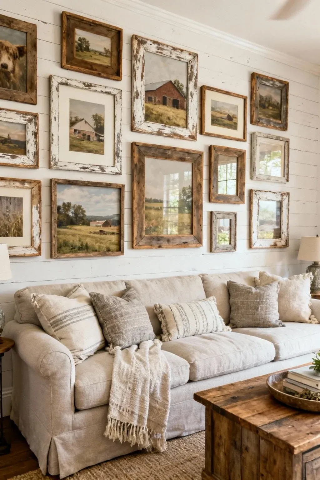 Farmhouse gallery wall with distressed wooden frames arranged above sofa