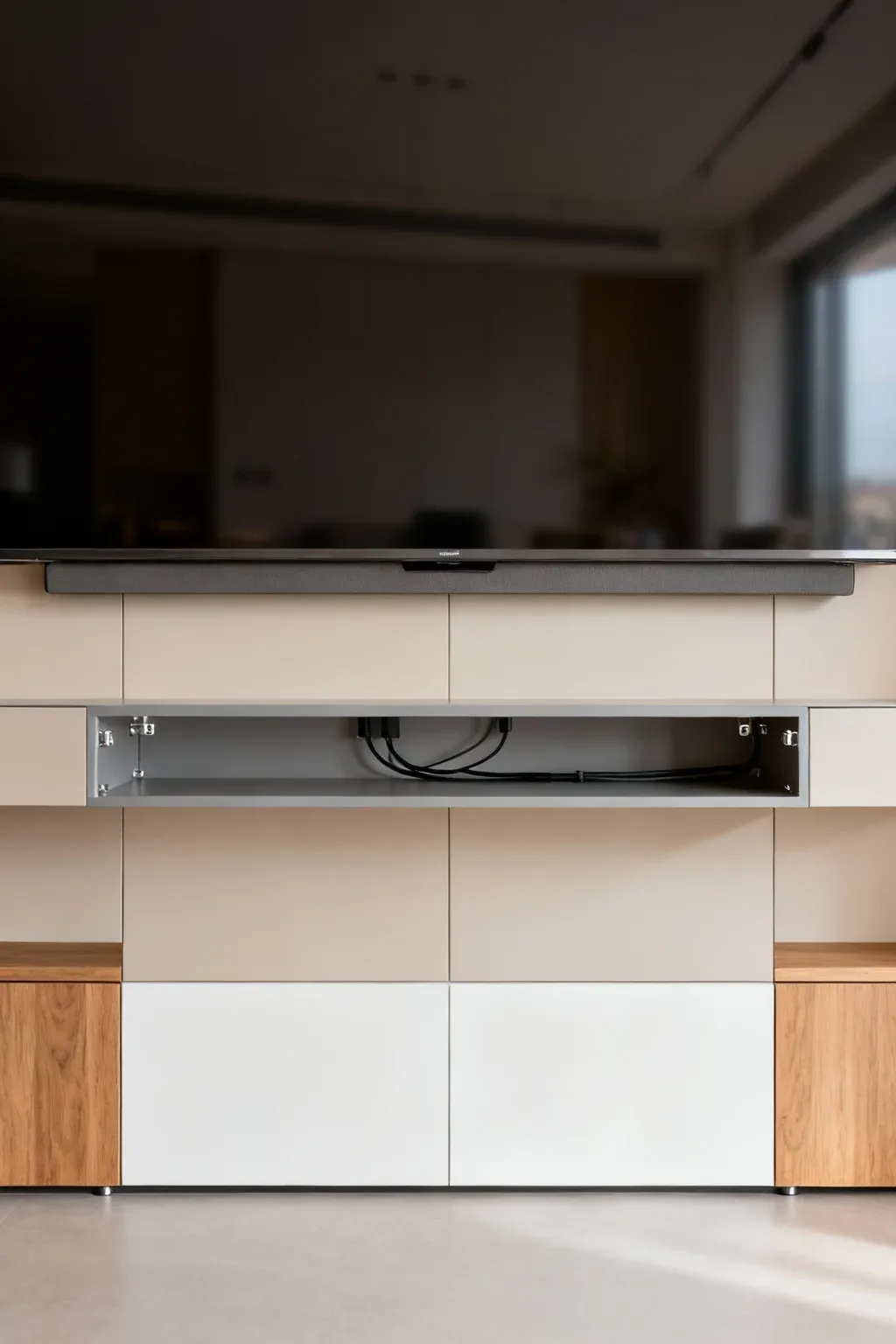 Modern TV wall with floating shelf and hidden cables in a minimalist living room