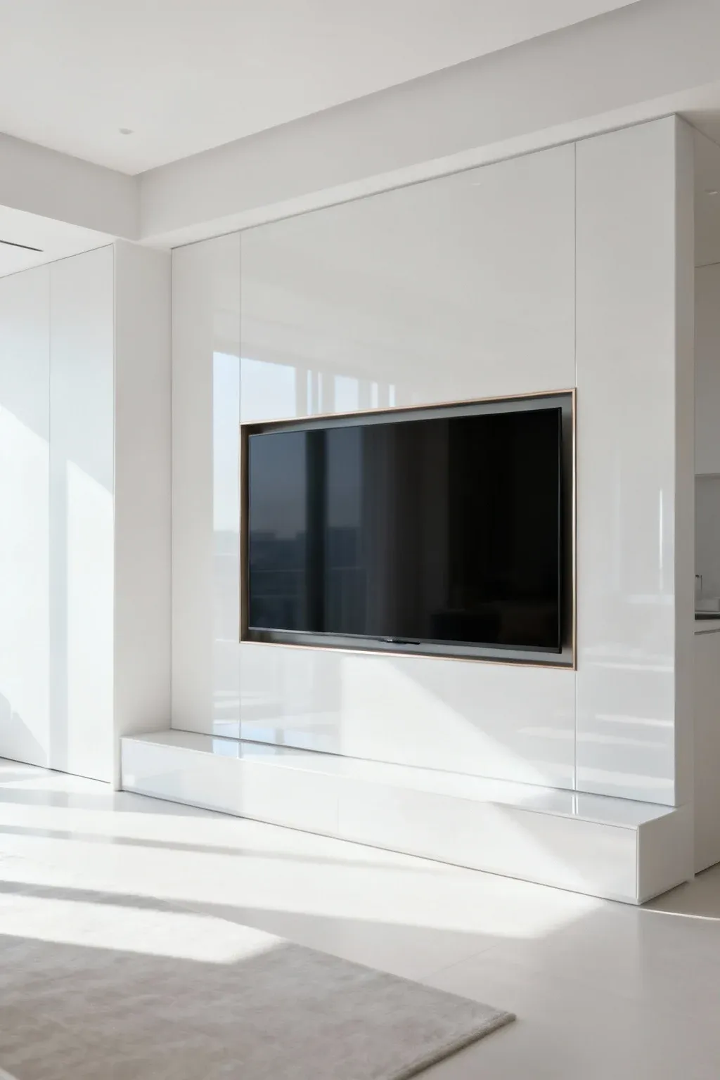 White minimalist wall panel with a mounted TV in a modern open-plan space