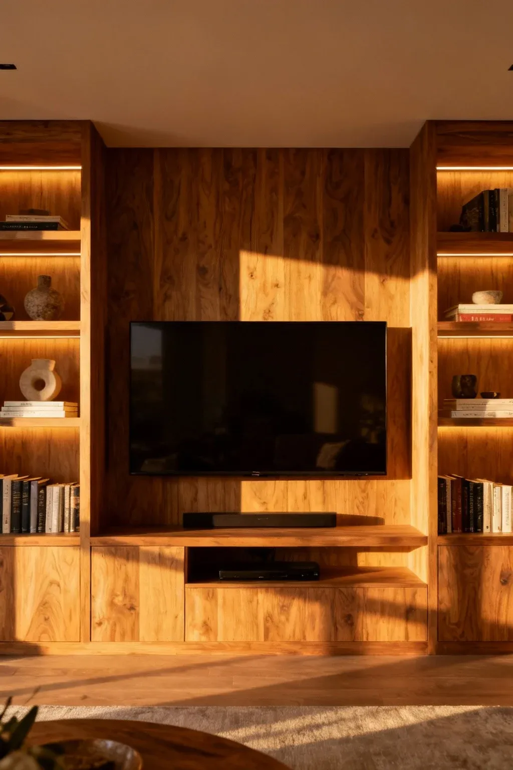 Oak built-in media wall with open display shelves around a mounted television