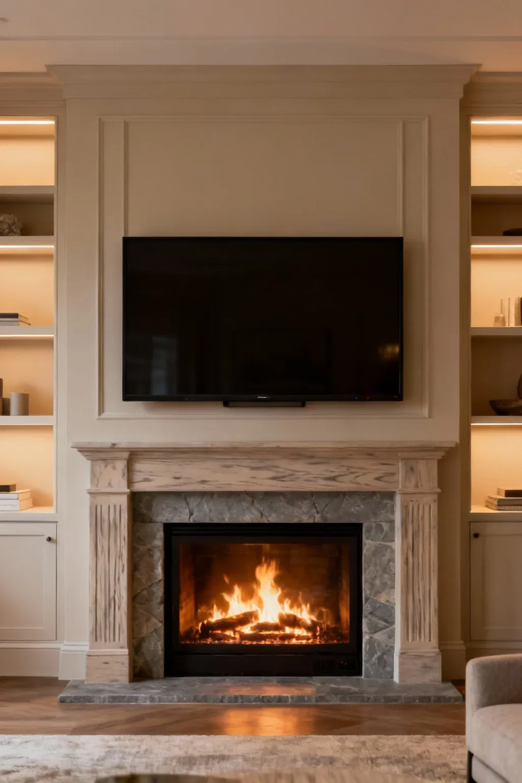 Modern TV wall with an integrated electric fireplace and side shelving