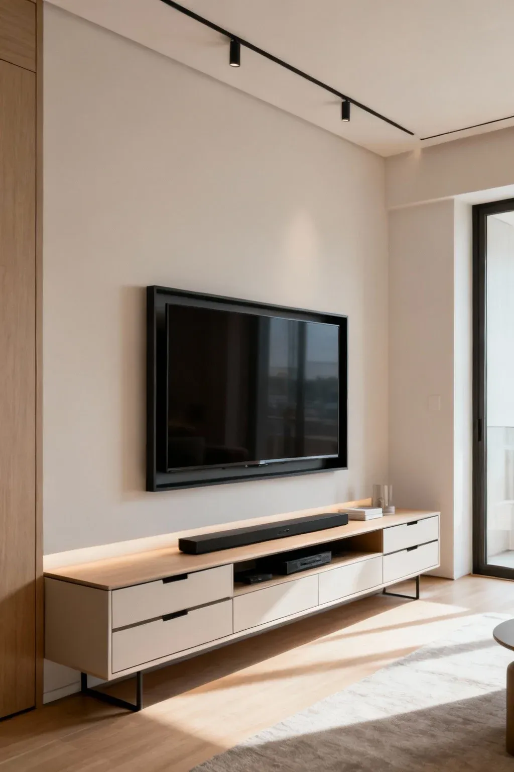 Slim modern TV console with storage drawers in a compact living room