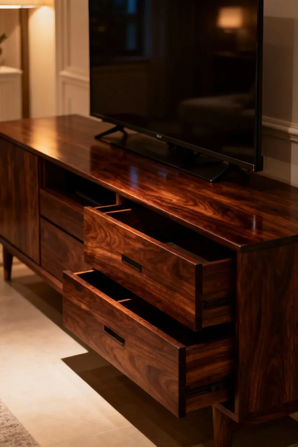 Dark wood modern TV cabinet with storage drawers in a contemporary living room