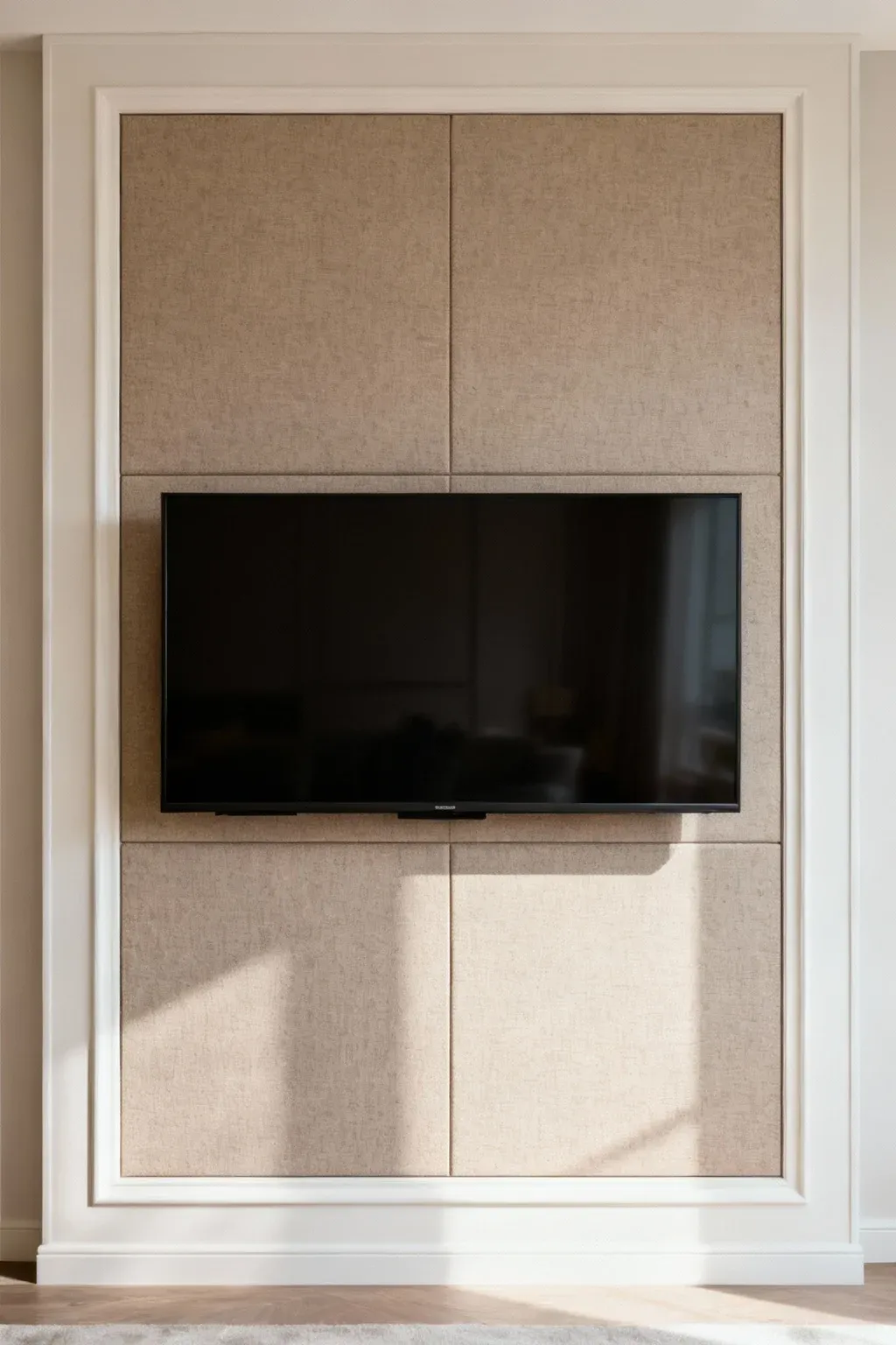 Wall-mounted TV with framed accent panel featuring textured modern finish
