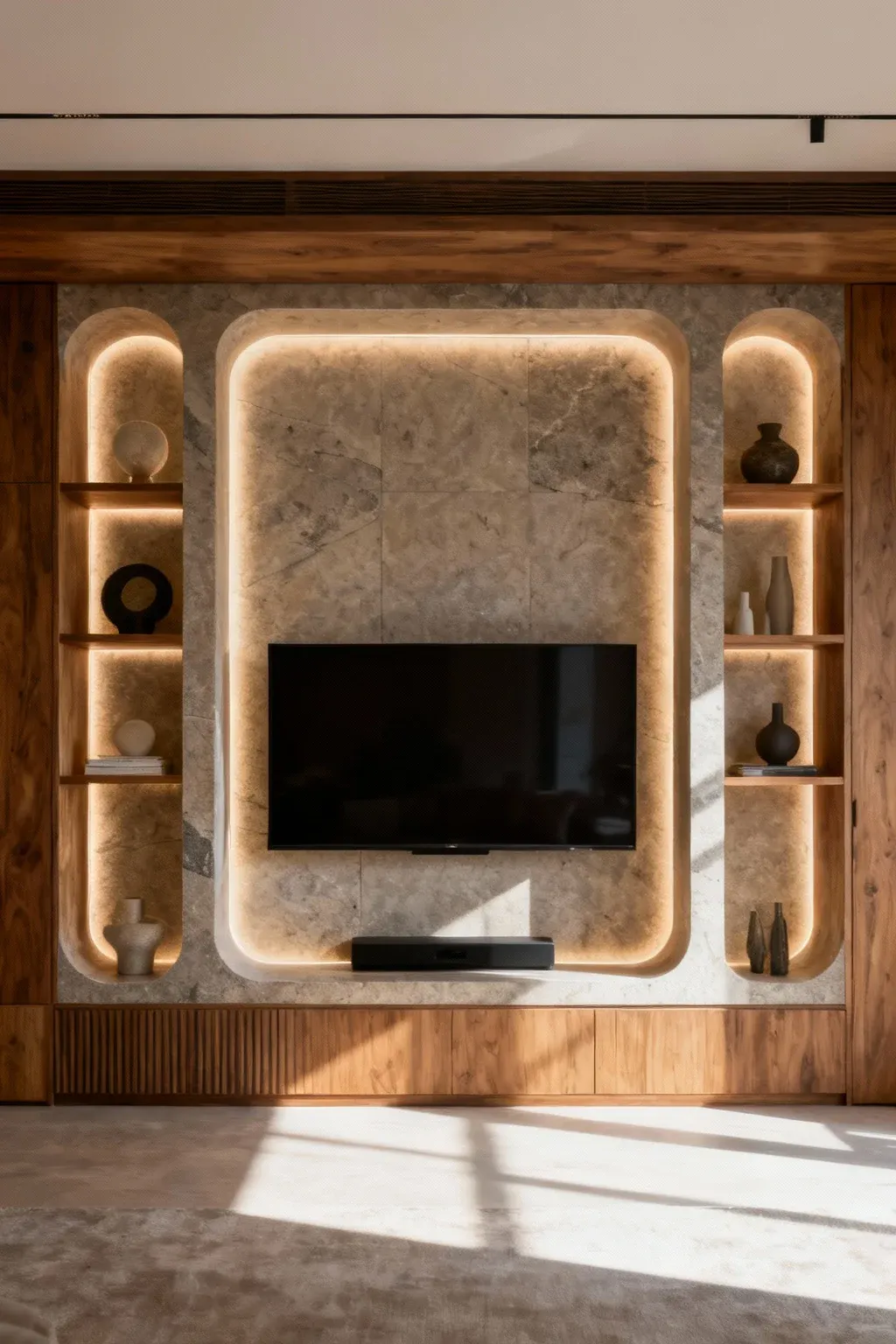 Custom TV unit with built-in niches and integrated shelving in a living room