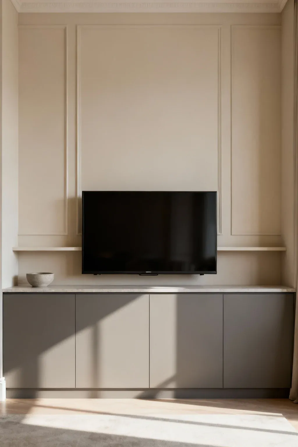 Neutral modern media wall with lower cabinets under a mounted TV