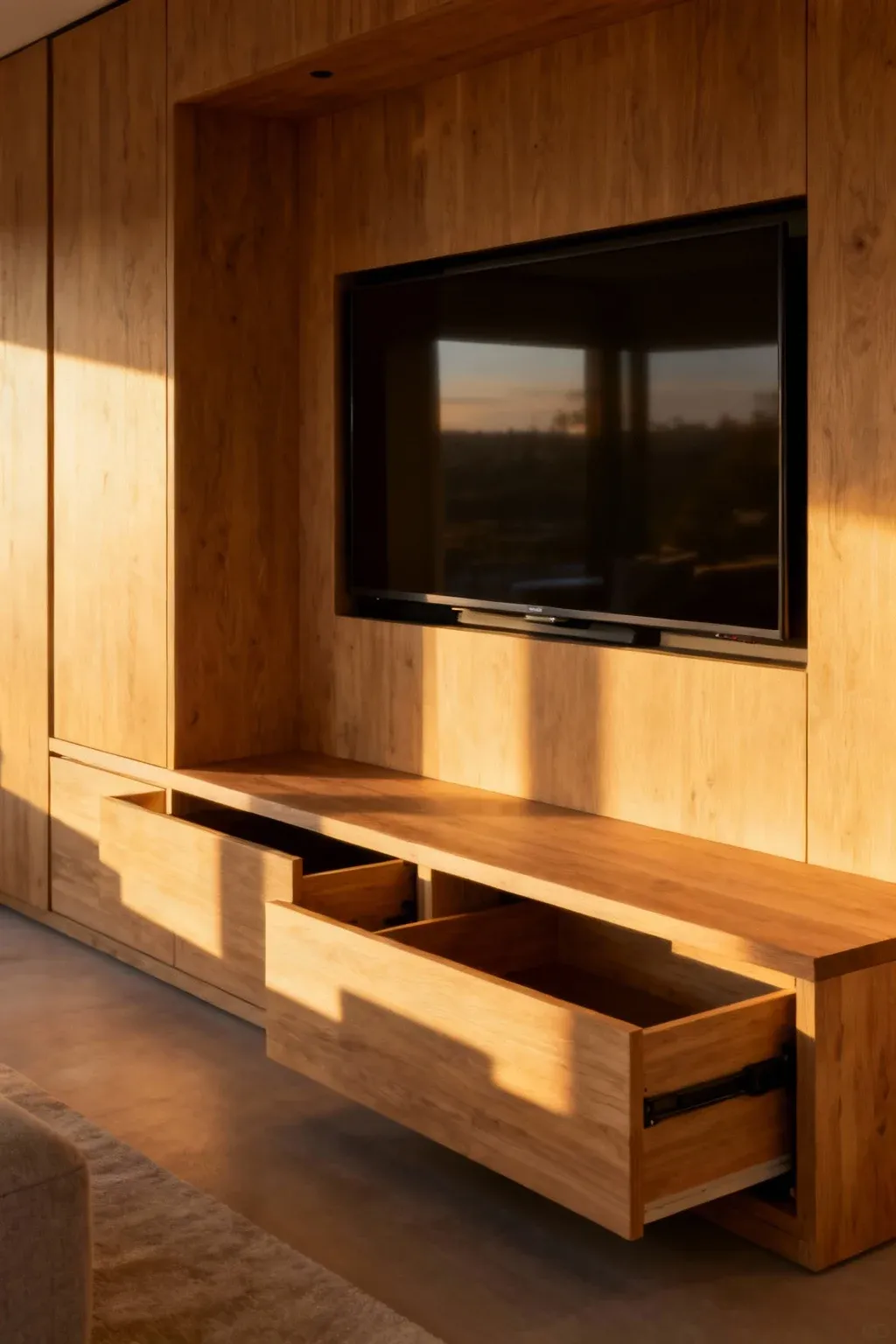 Compact TV storage bench with hidden compartments in a small living room