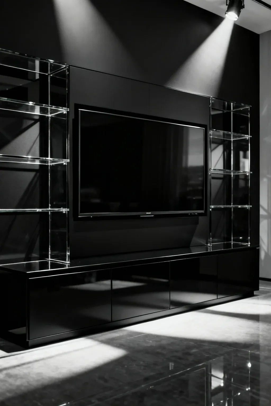 Black modern TV wall unit with reflective glass shelving and clean lines