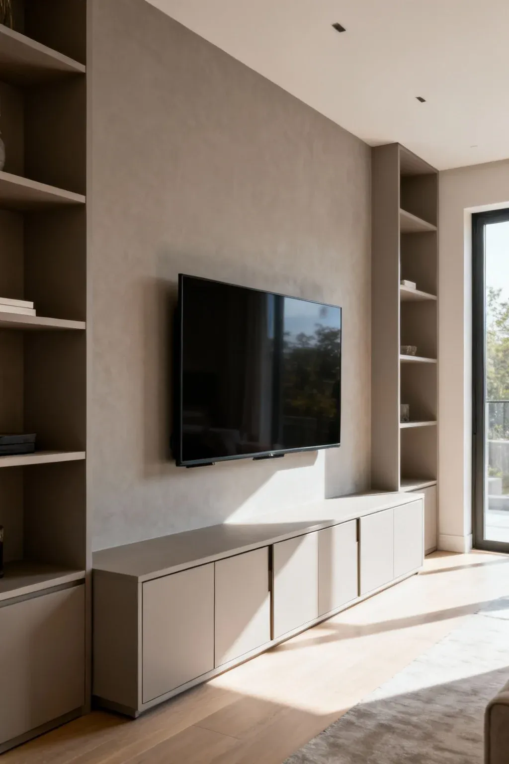 Modern media wall without a fireplace, using shelves and cabinets for balance
