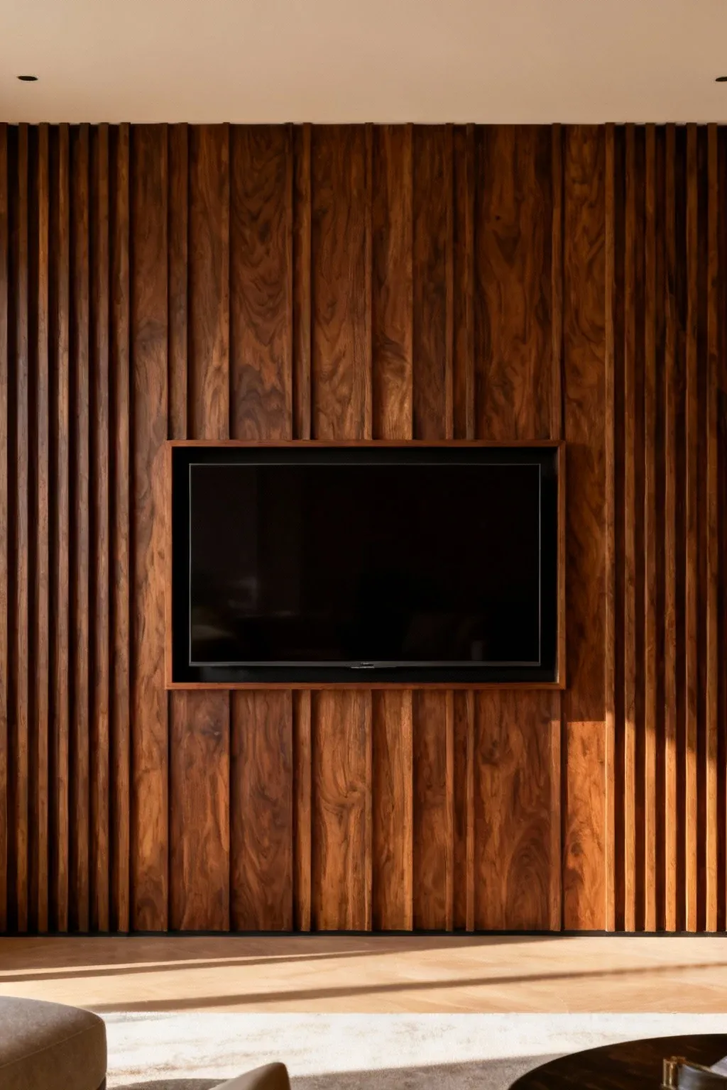 Textured accent wall with vertical wooden slats behind a mounted TV