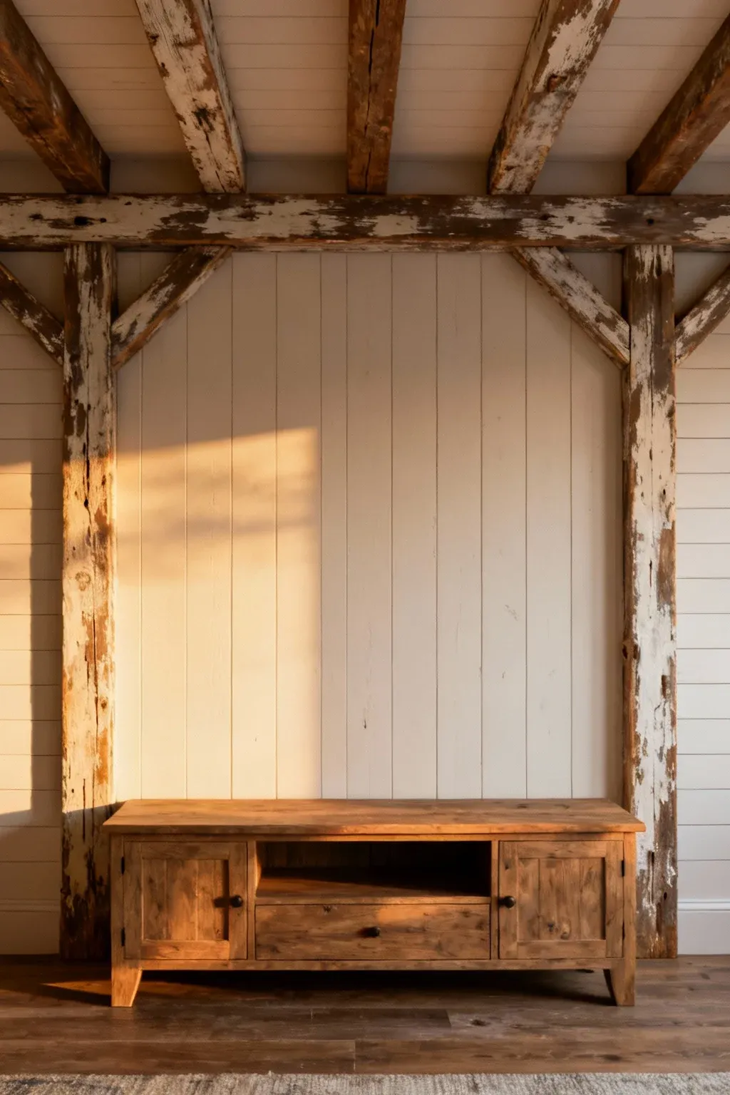 Farmhouse style TV stand with rustic wooden beams and shiplap backdrop