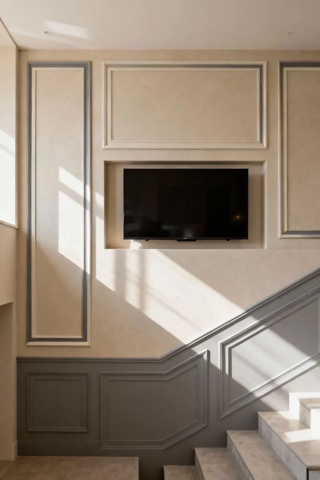 TV wall above staircase landing with surrounding framed decor pieces