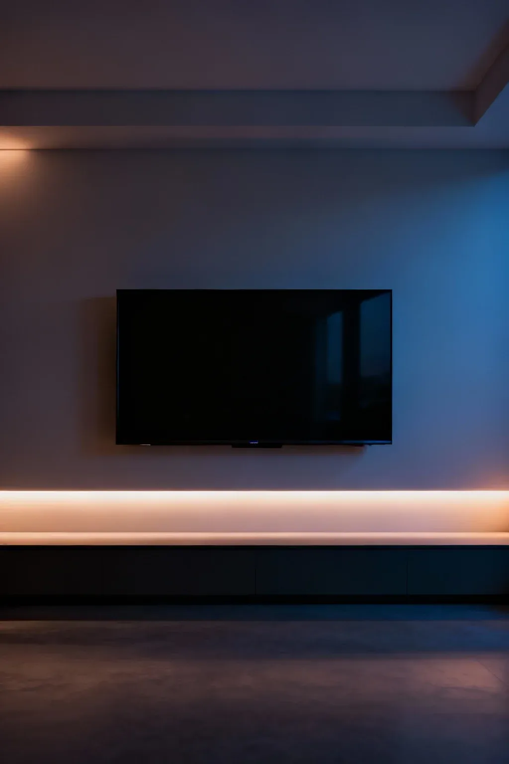 Modern TV wall panel with integrated LED backlighting in evening lighting