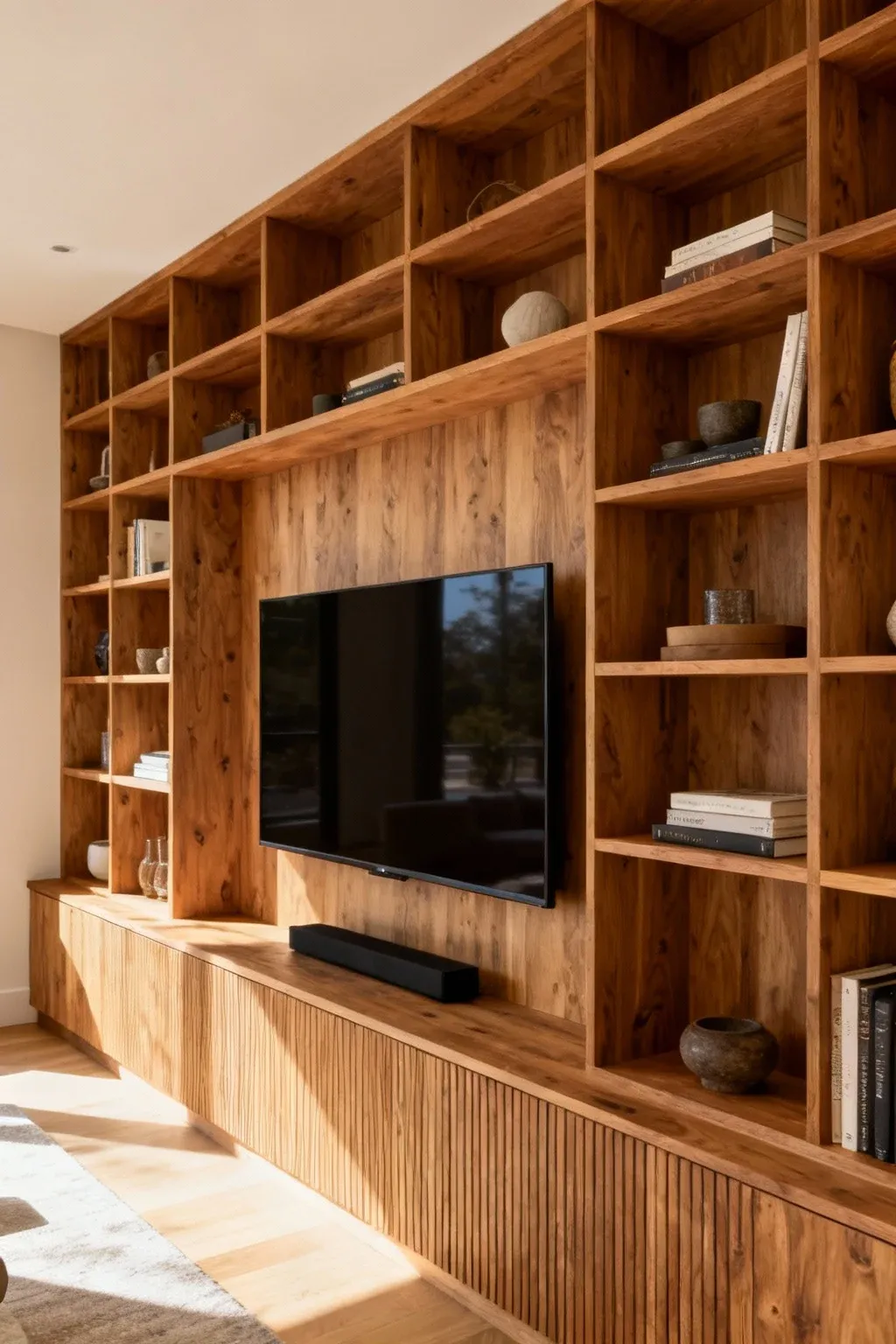 Custom oak built-in shelves framing a mounted TV in a media wall design