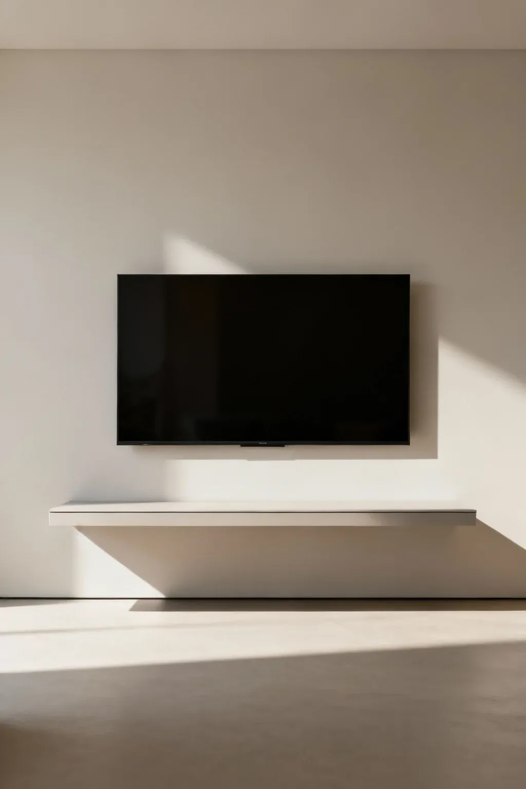Slimline floating console mounted below a TV in a modern living room