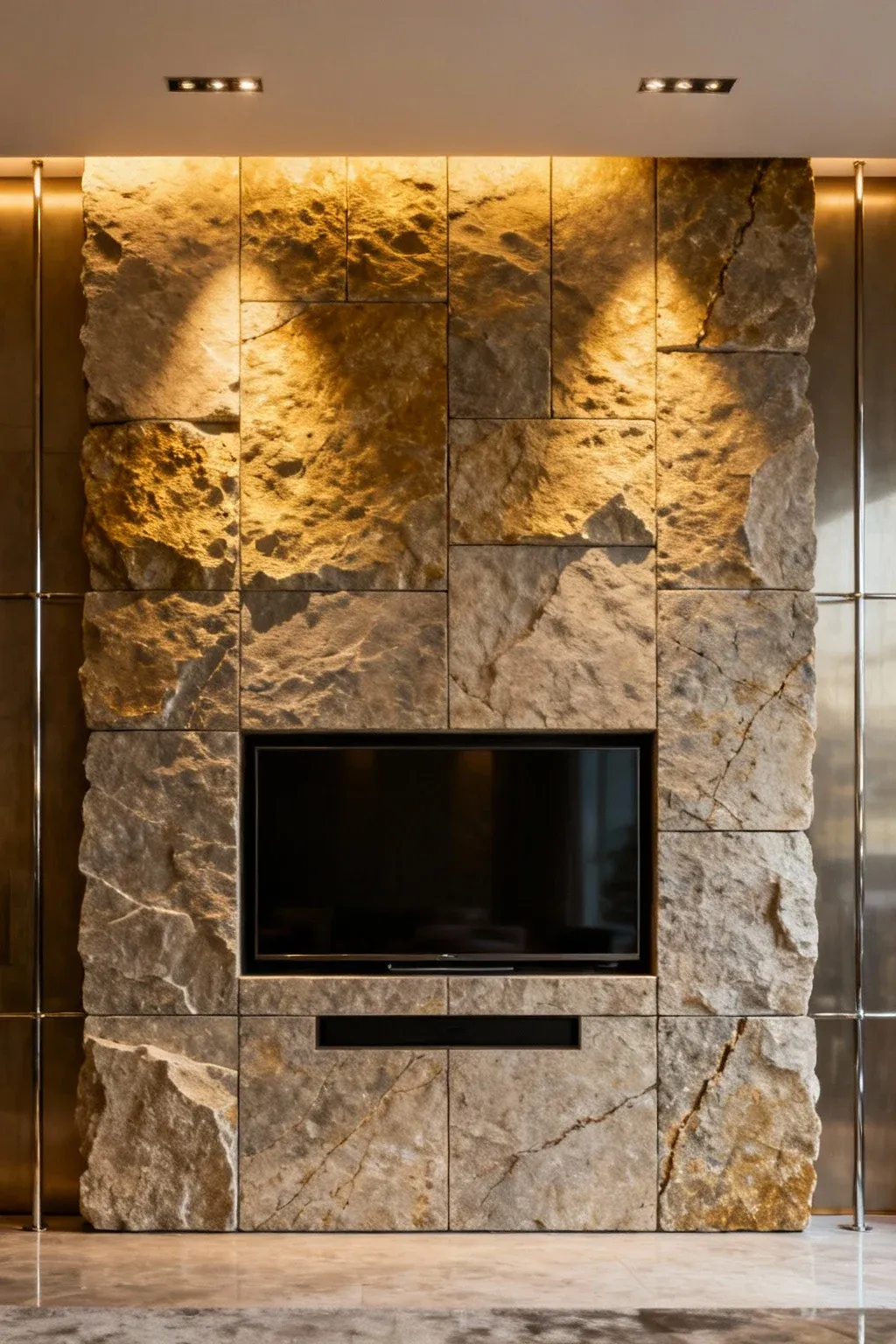 Stone accent wall with mounted TV serving as modern living room focal point
