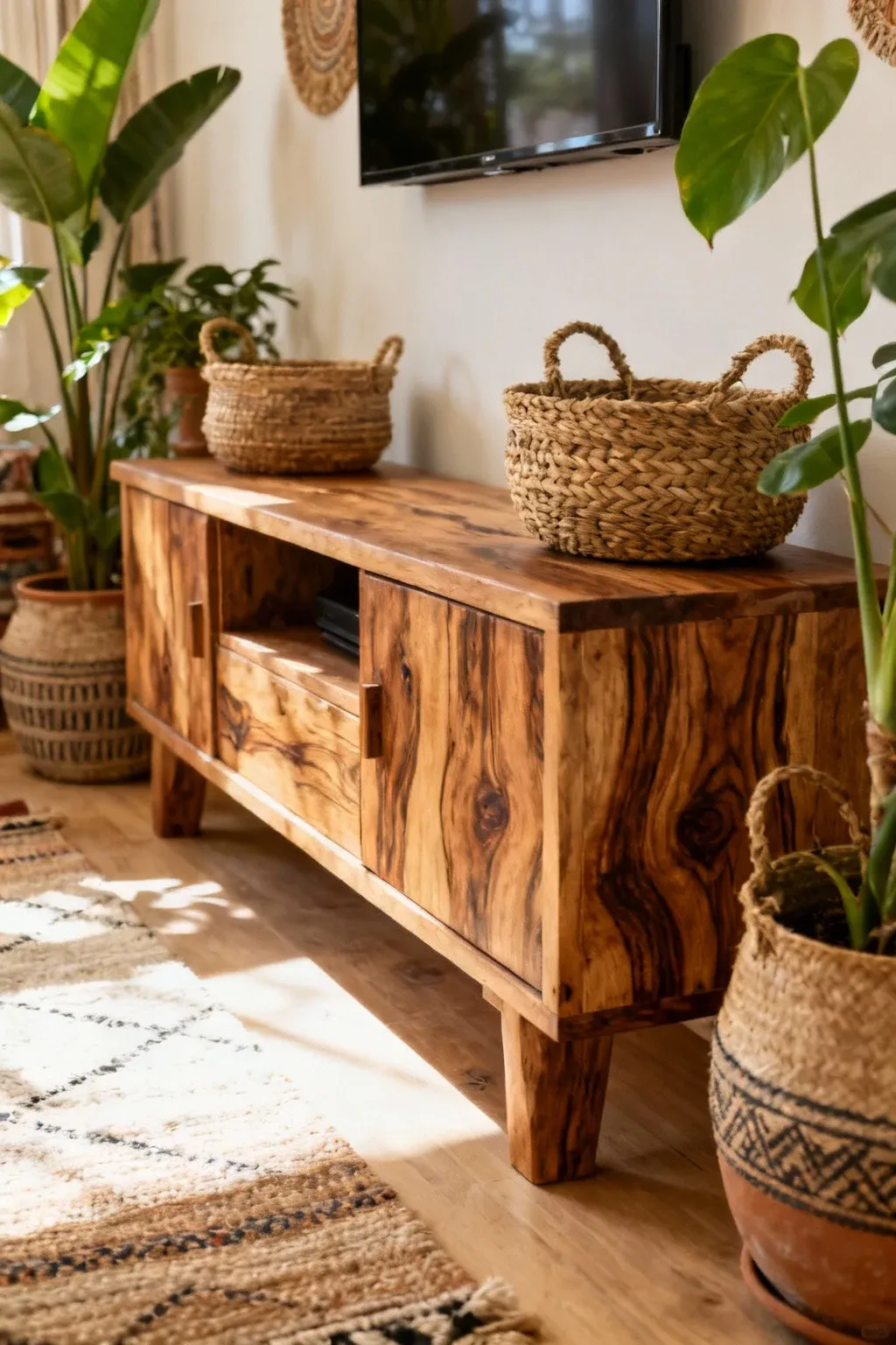 Bohemian-style DIY wooden TV console with woven baskets and plants
