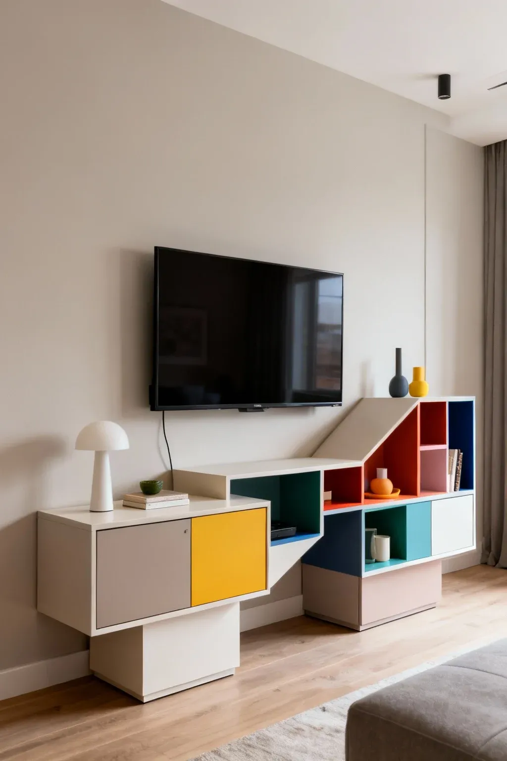 TV wall with floating cabinets arranged asymmetrically in modern design