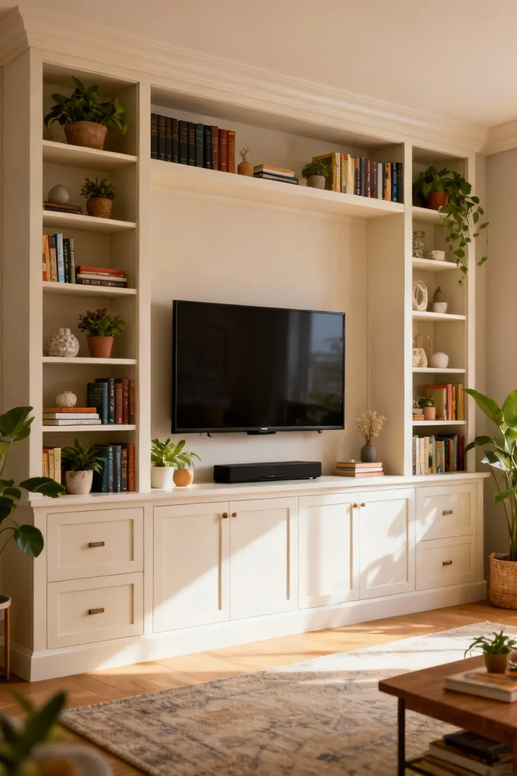 Family room entertainment center with decorated shelves around a TV