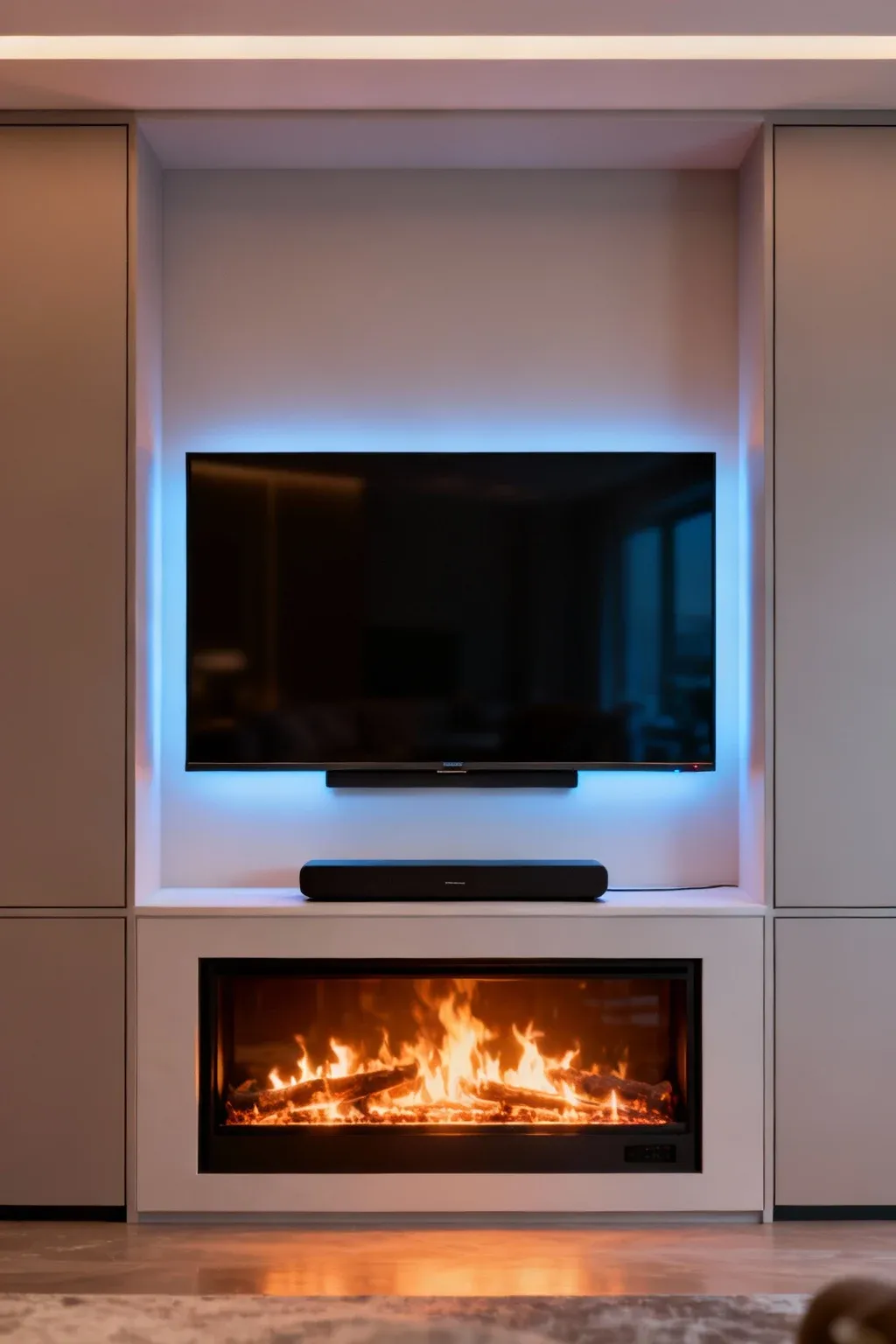 Modern TV wall with built-in electric fireplace and sound bar integration