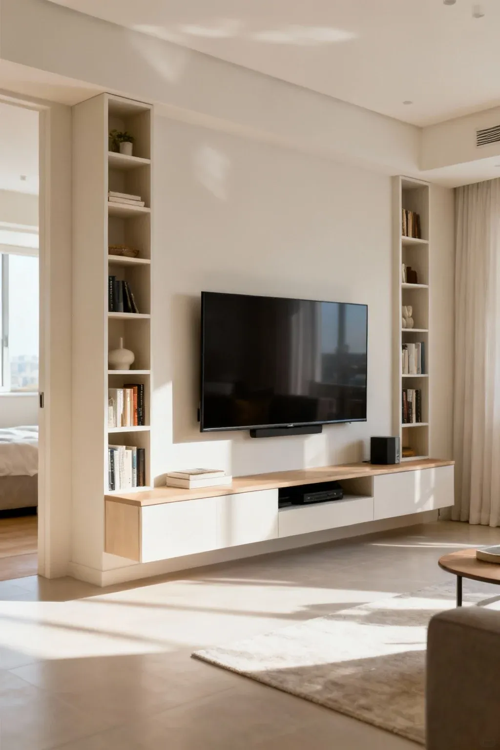 Compact TV wall unit with side storage compartments in a modern apartment