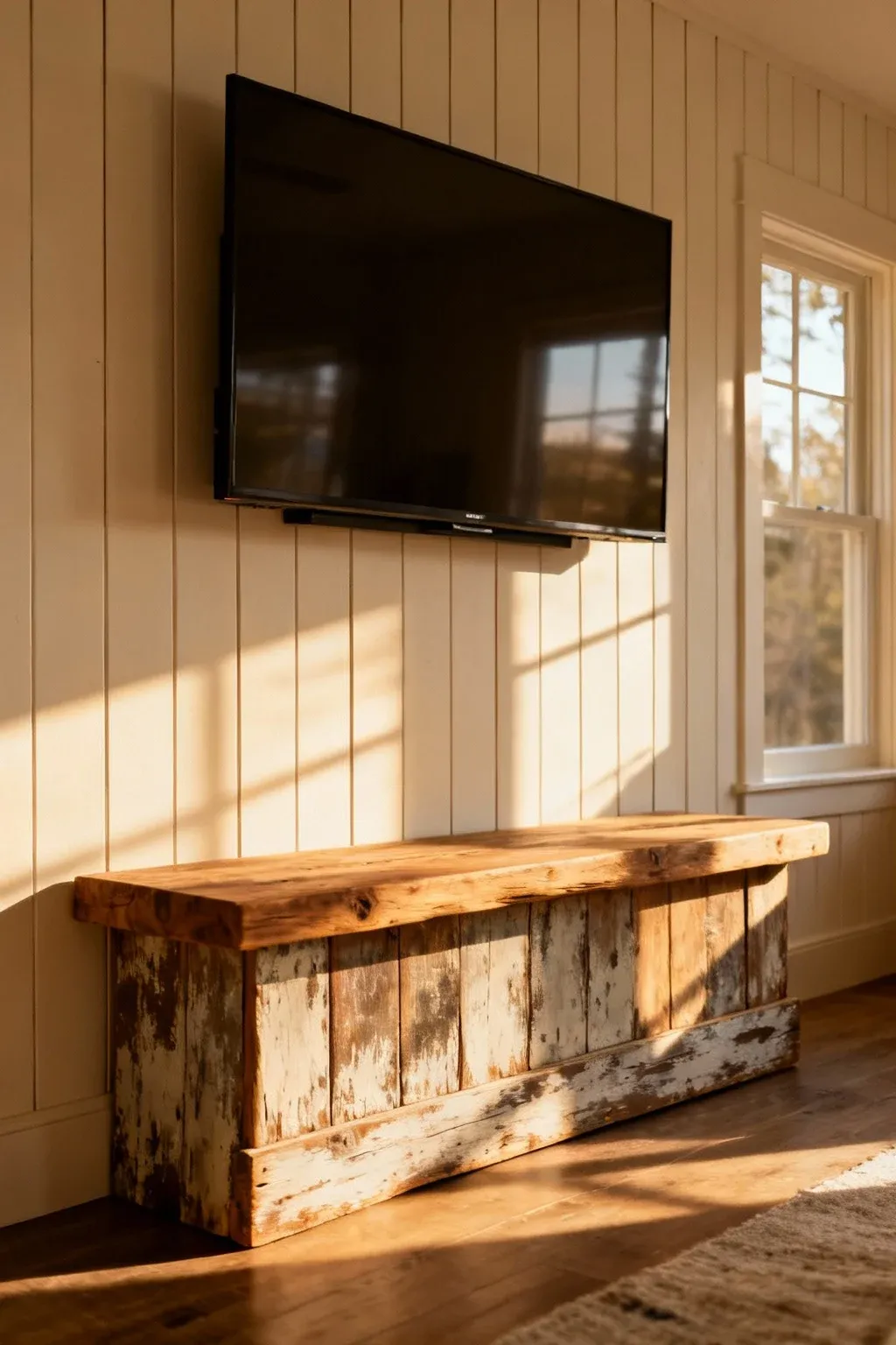 Rustic farmhouse TV wall with shiplap backdrop and wooden stand
