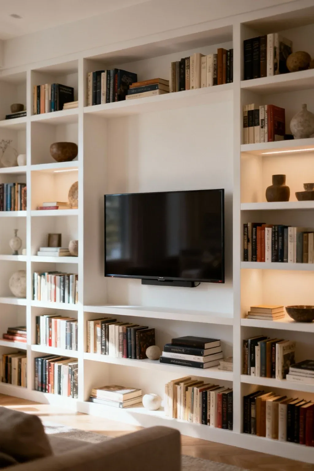 Snug living room TV wall framed by built-in bookcases filled with books
