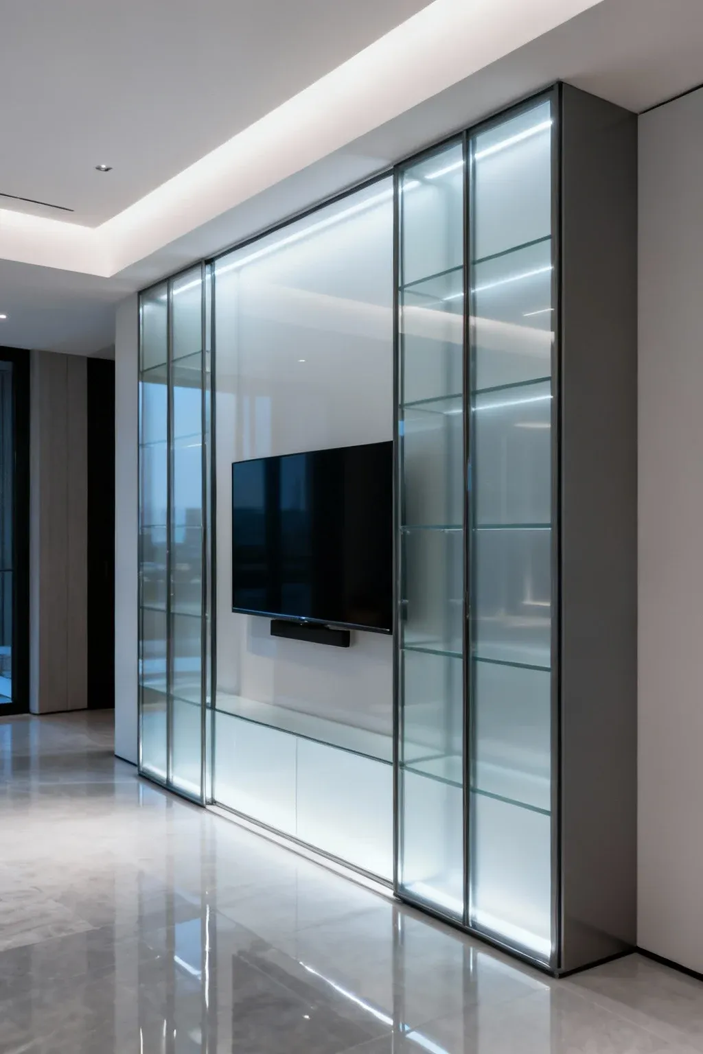 Modern TV wall unit with glass doors hiding storage space