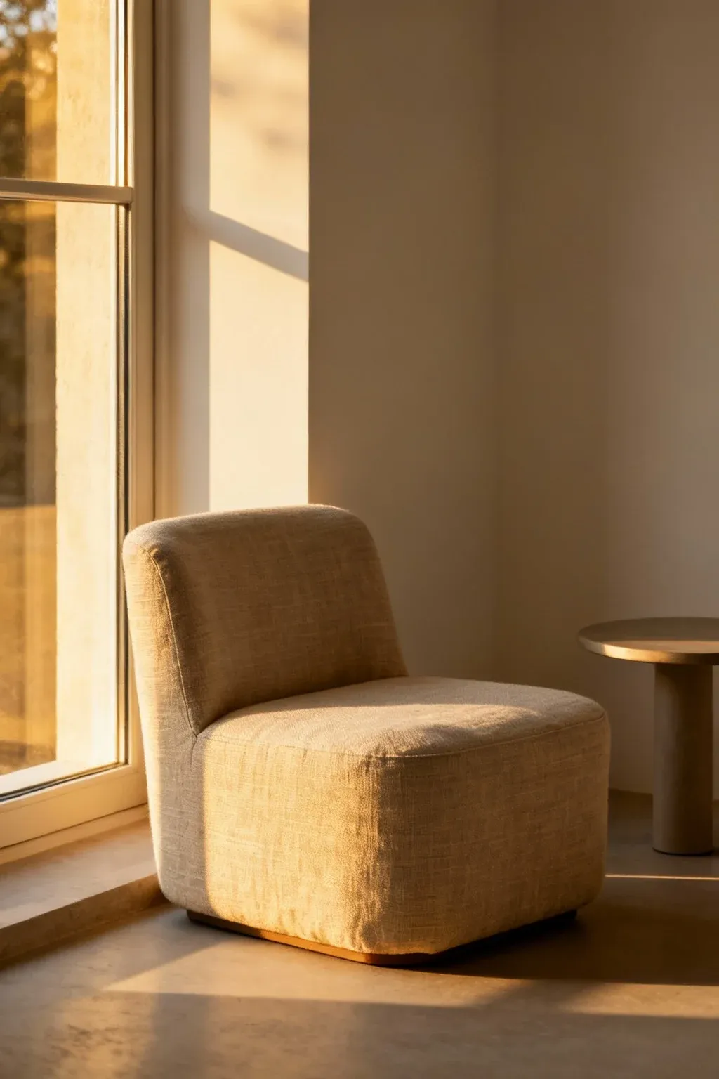 Neutral linen armless slipper chair by a window with a small side table