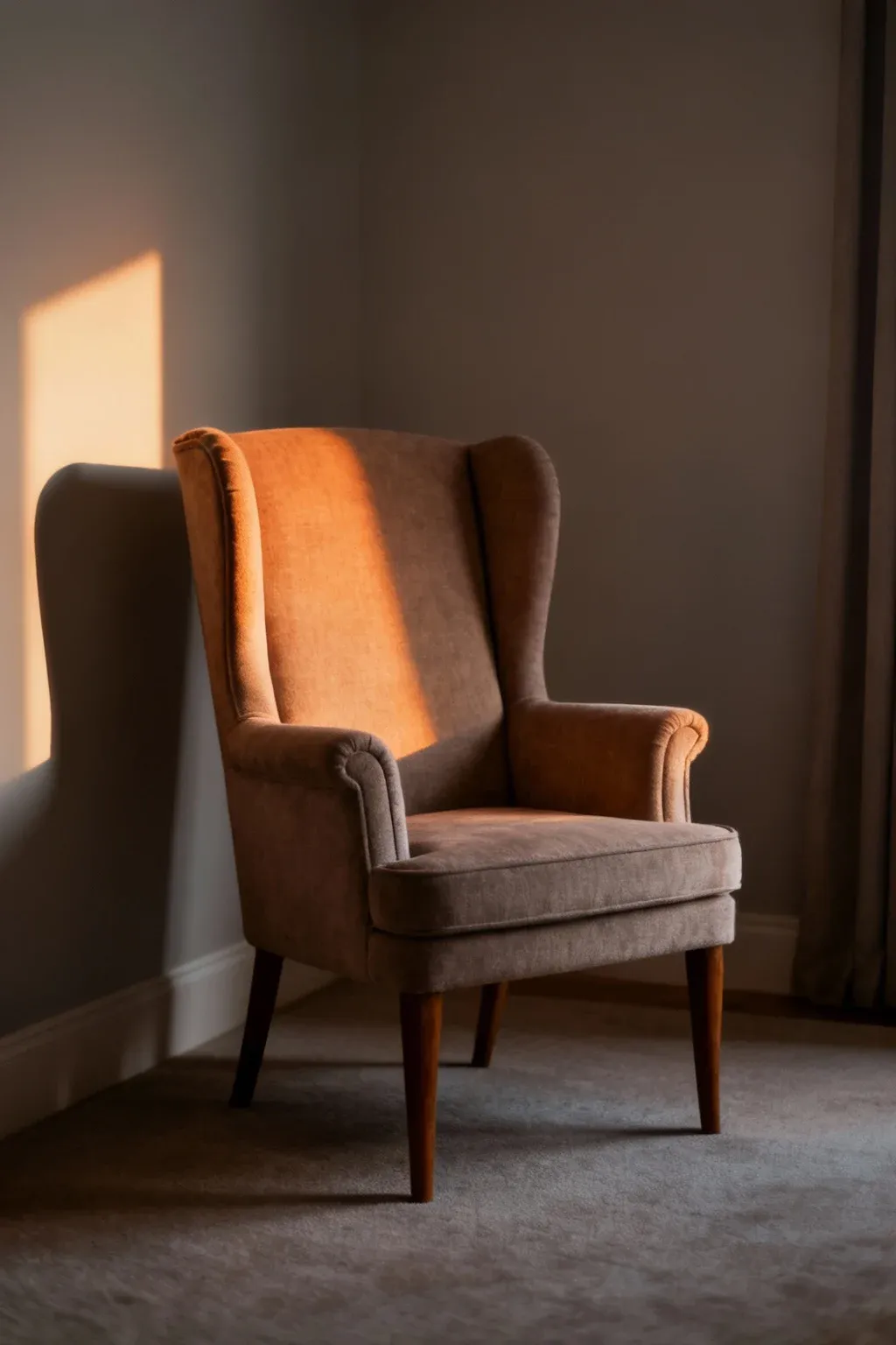 Compact wingback chair with tall back and tapered legs in a cozy corner