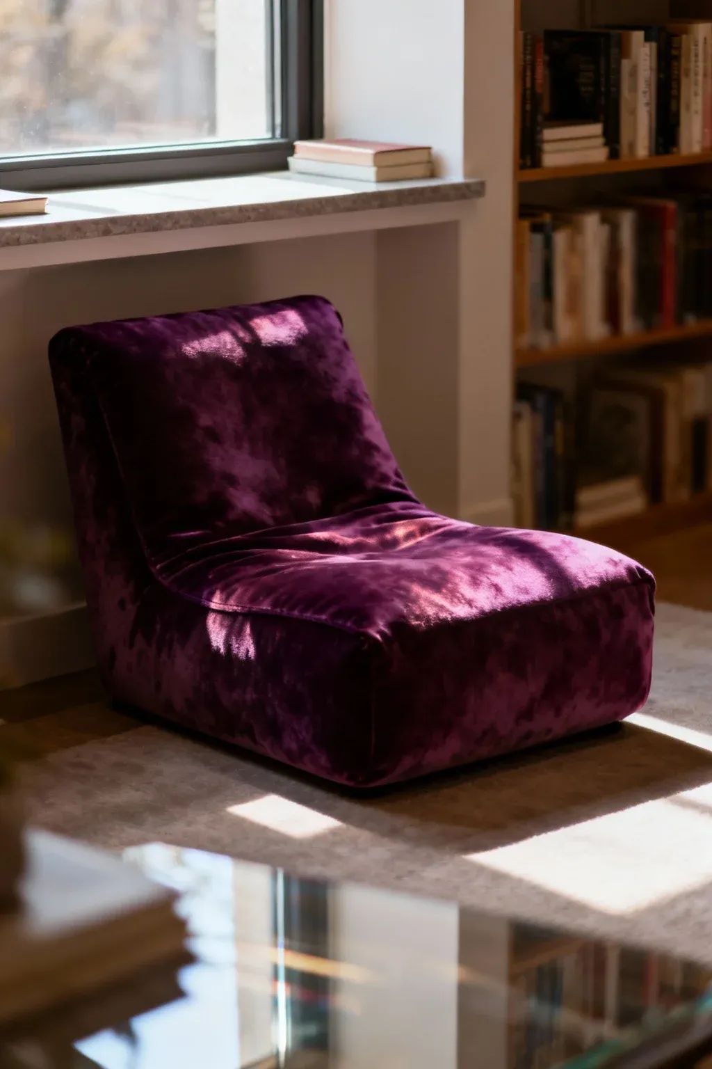 Low-profile velvet lounge chair under a window with shelving nearby