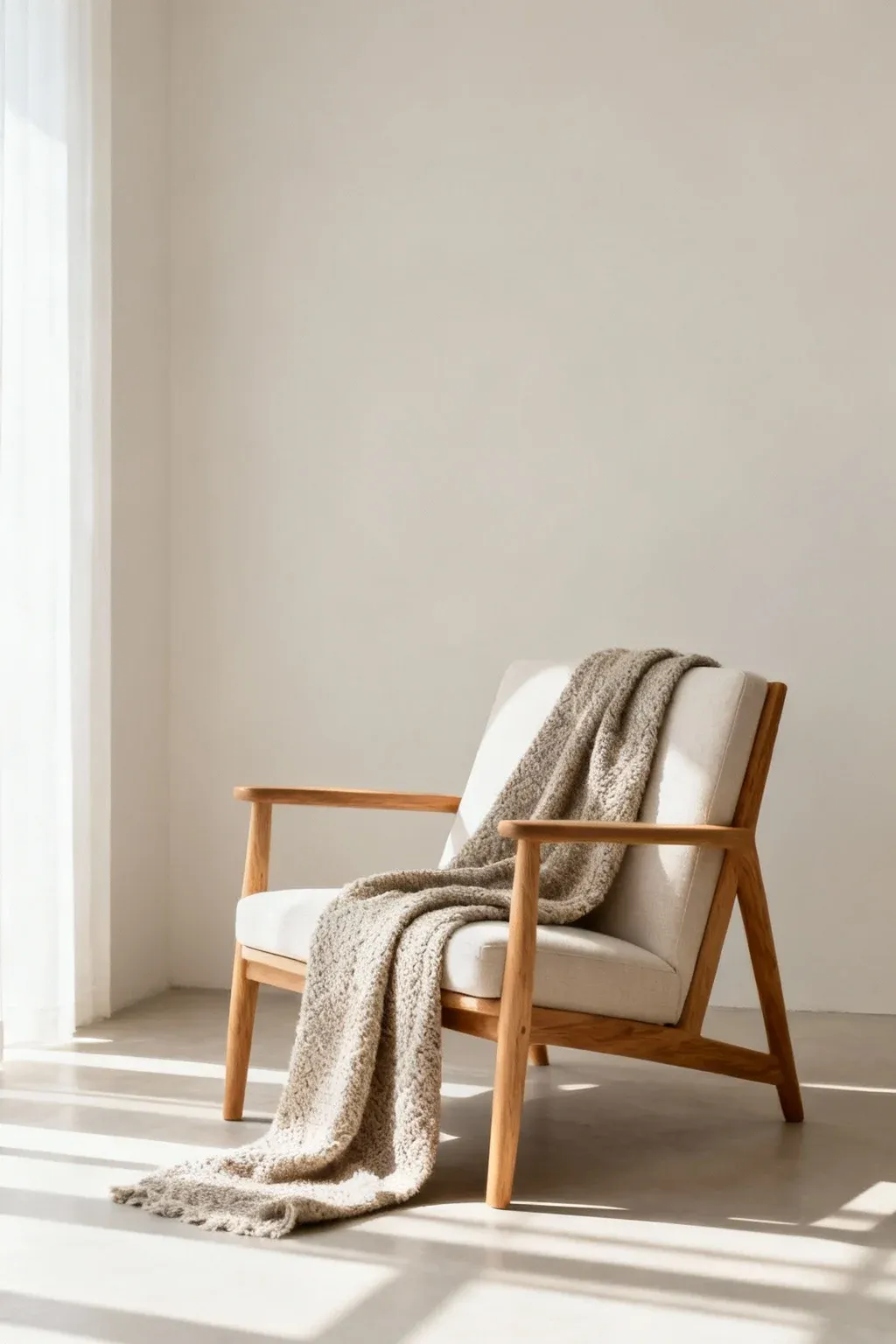 Scandinavian accent chair with natural wood frame and pale upholstery