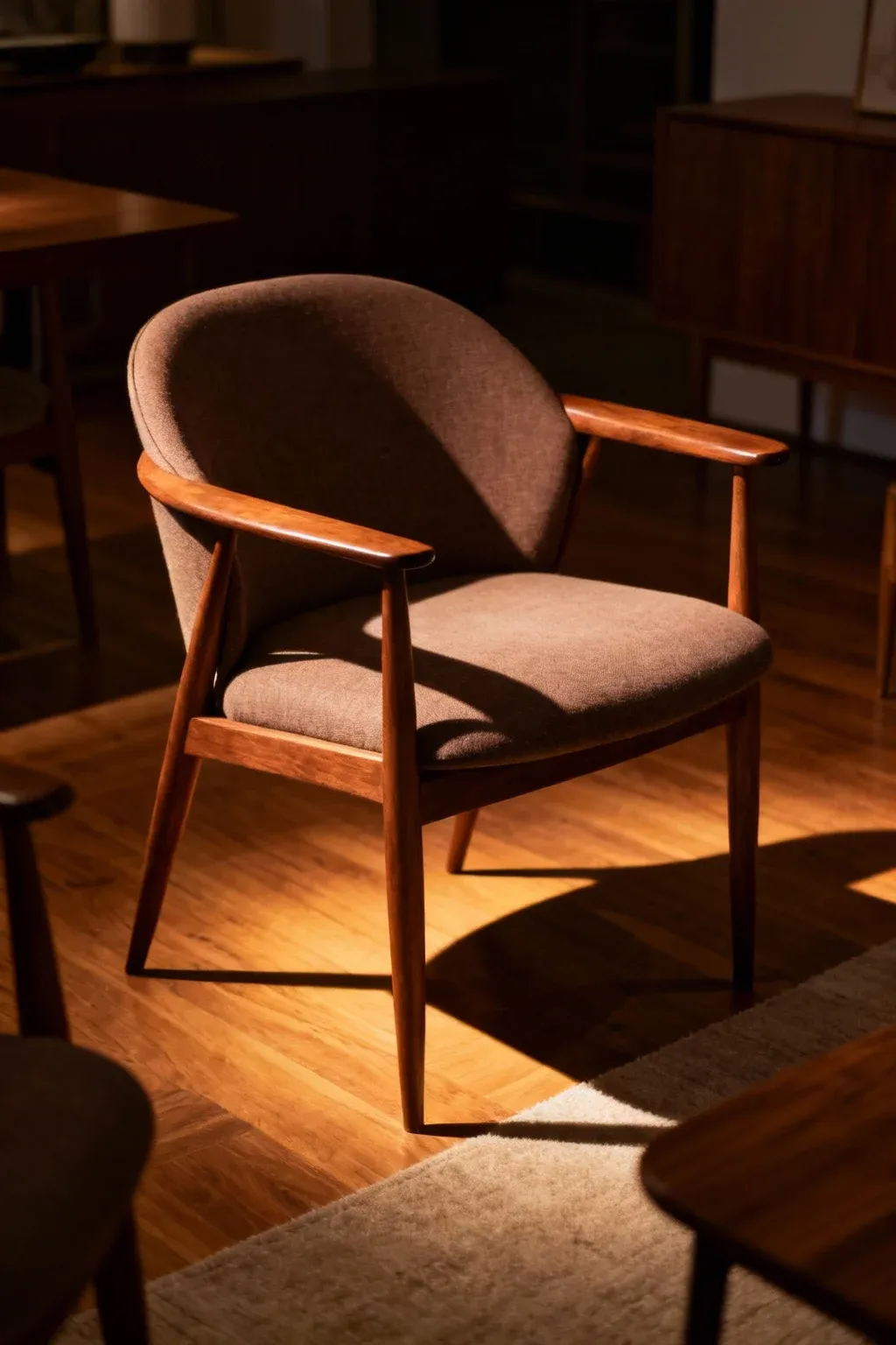 Mid-century modern chair with slim arms and vintage-inspired design