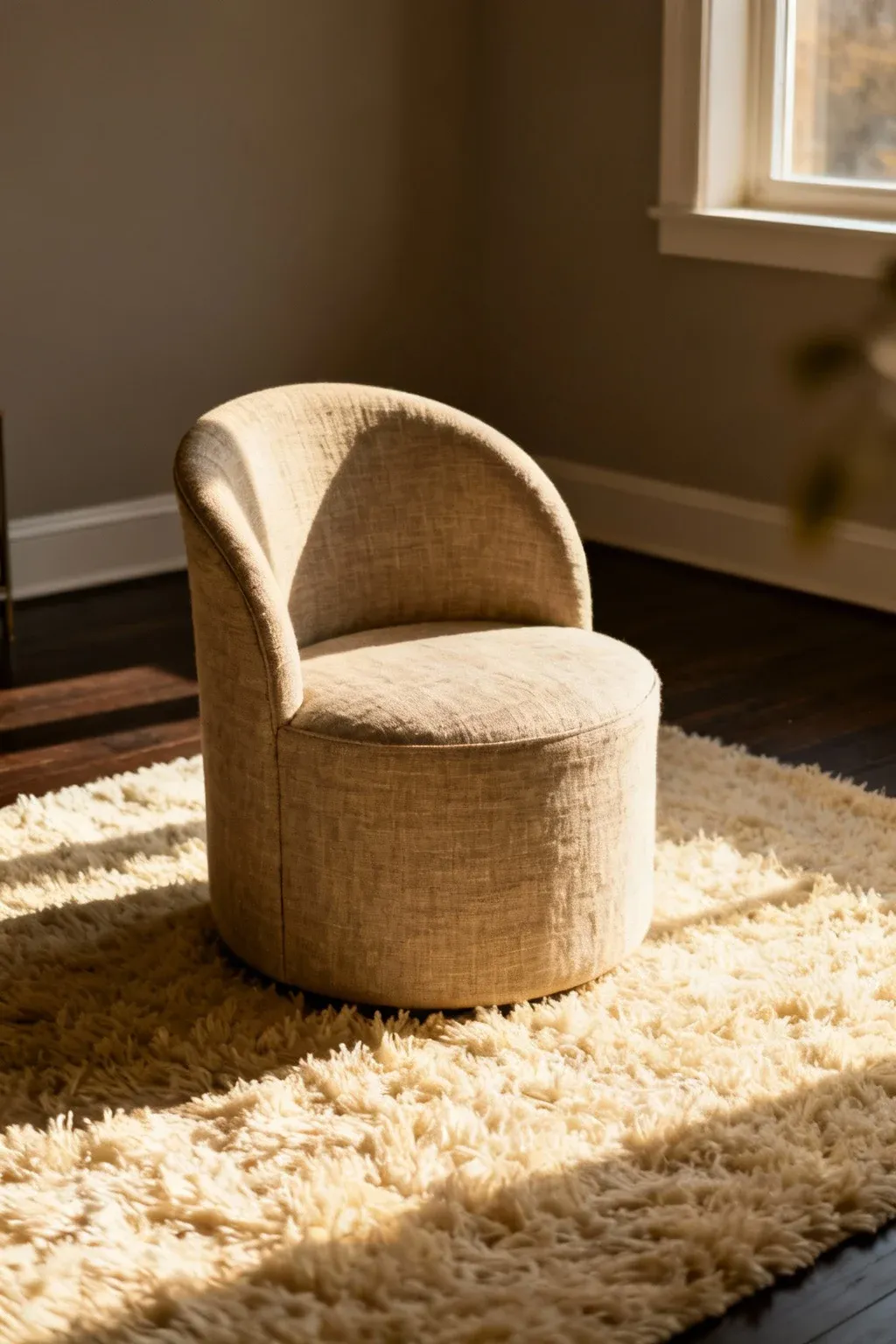 Compact round barrel chair in textured fabric in living space