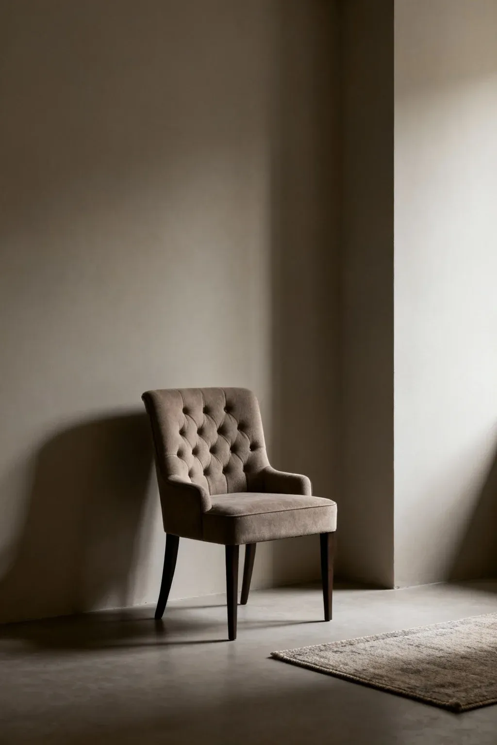 Tufted armchair with narrow compact design in muted tones