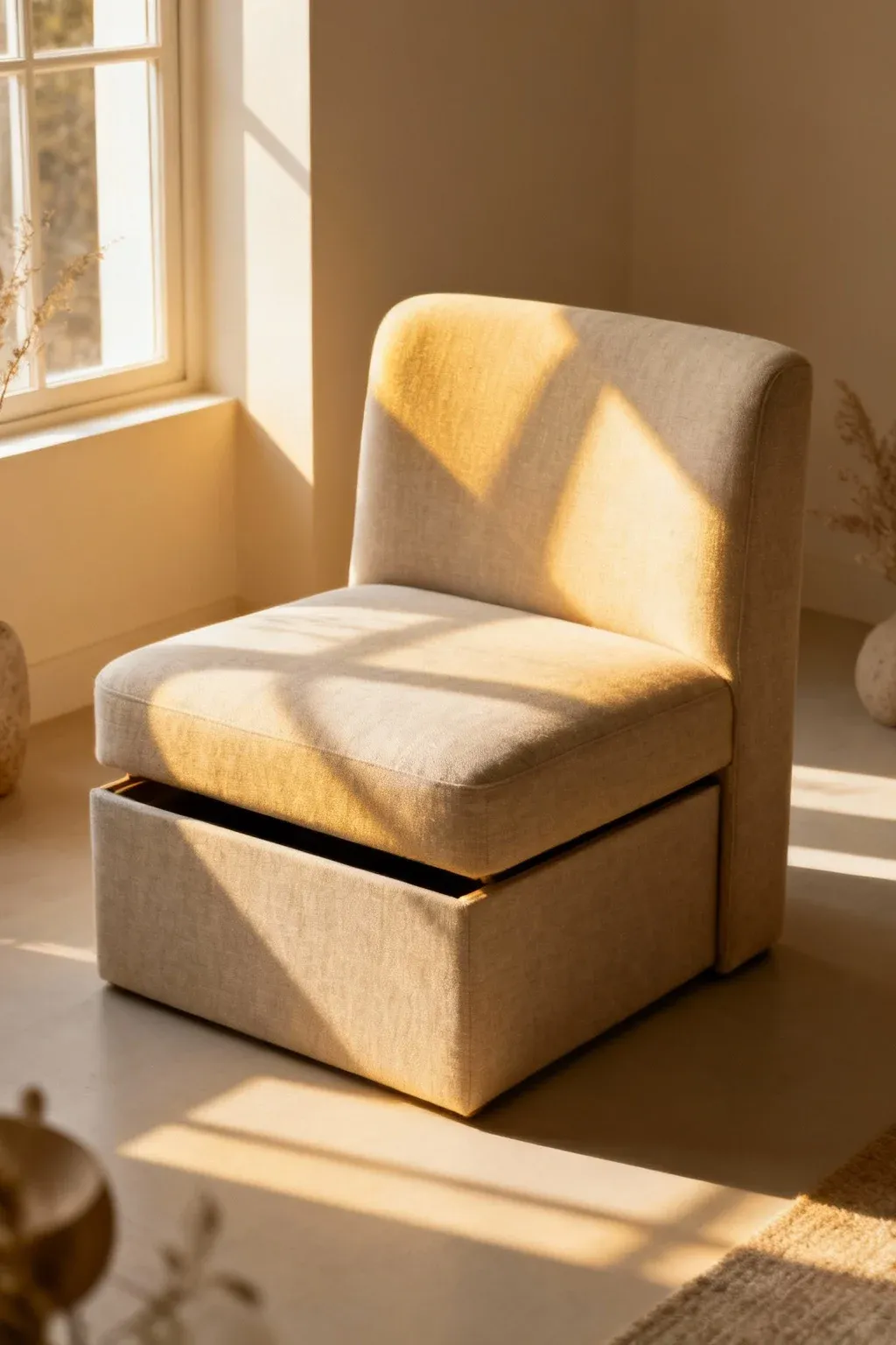 Armless upholstered chair with hidden storage for small spaces