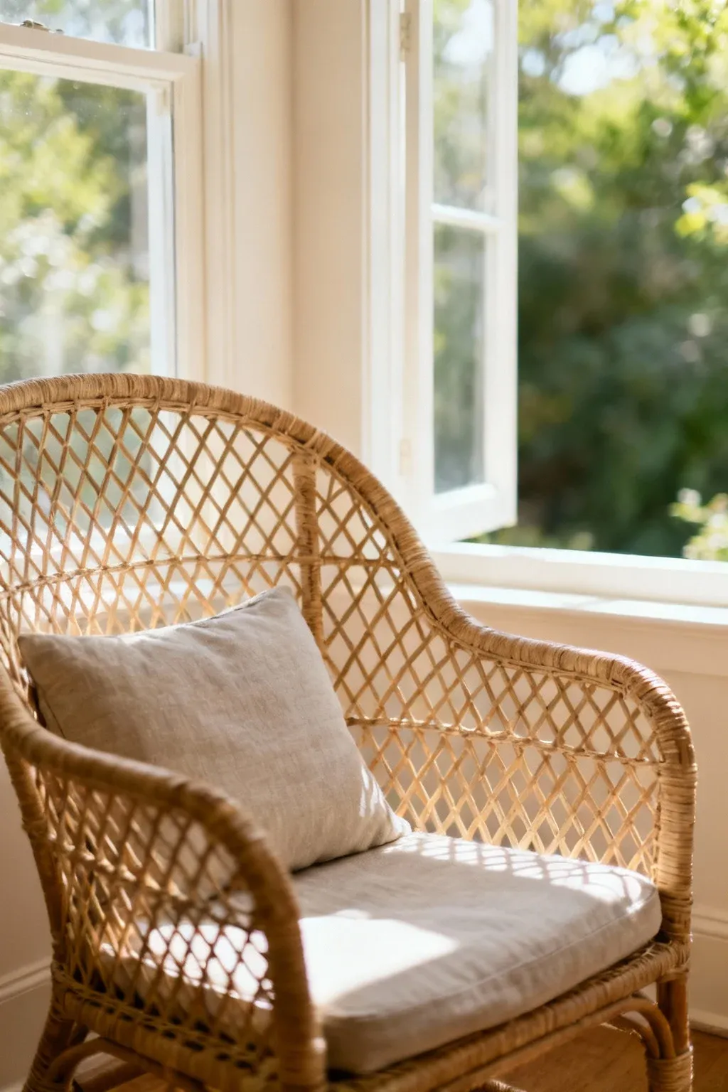 Lightweight woven rattan chair with neutral cushion near window