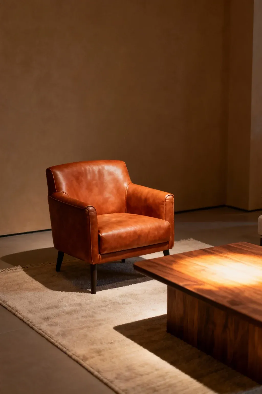 Petite faux leather club chair in a small cozy lounge setting