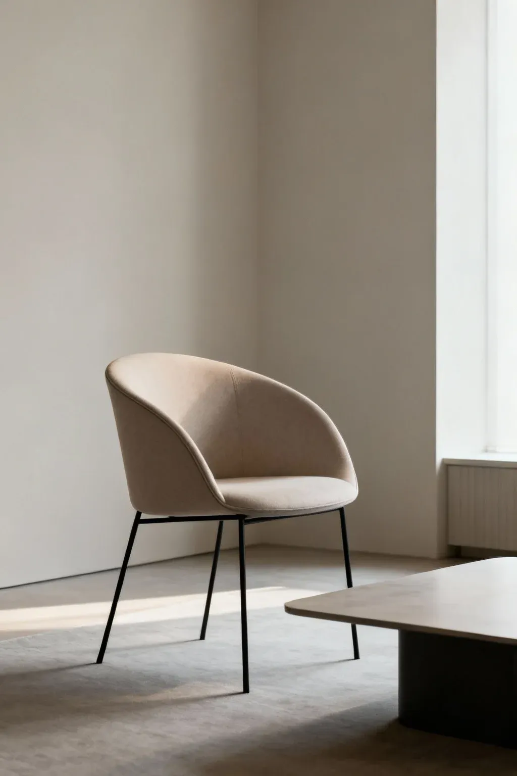 Curved back accent chair with slim metal legs in modern space