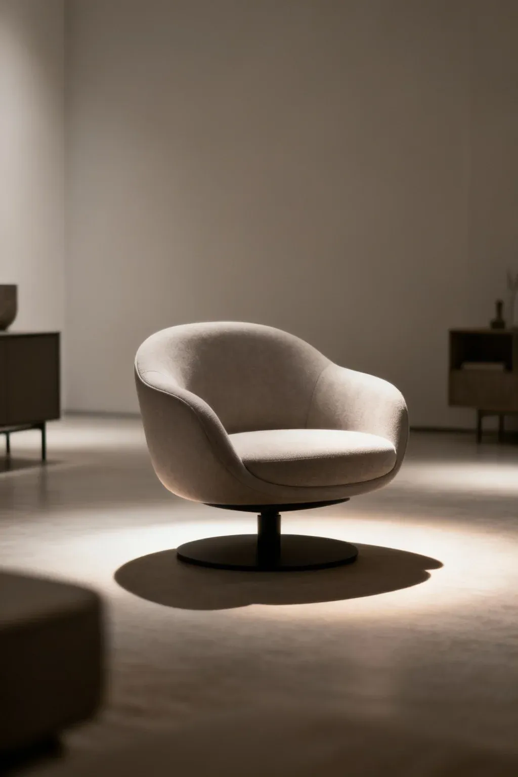 Compact swivel accent chair with neutral upholstery in living space