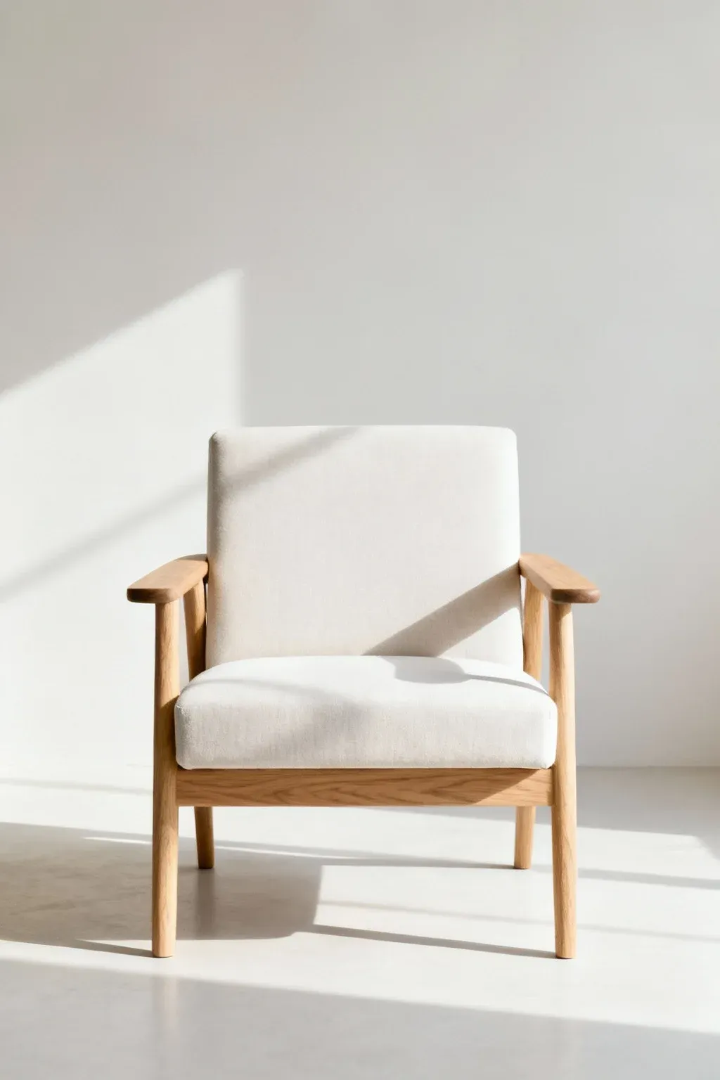 Scandinavian-style chair with light oak frame and structured cushion