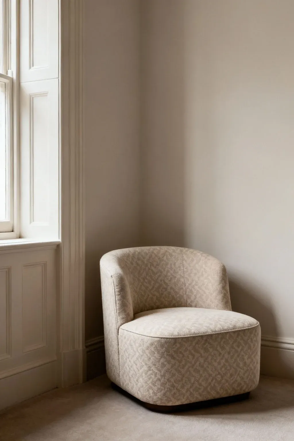 Versatile upholstered slipper chair in patterned neutral fabric