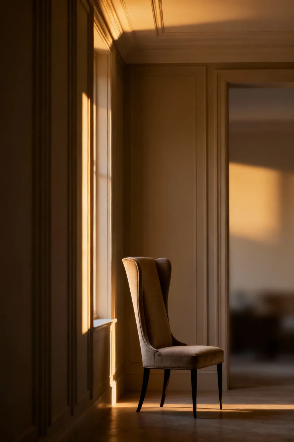 Tall profile narrow wingback chair in a compact, traditional style