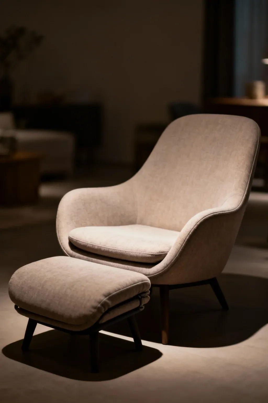 Compact lounge chair with detachable ottoman in cozy arrangement