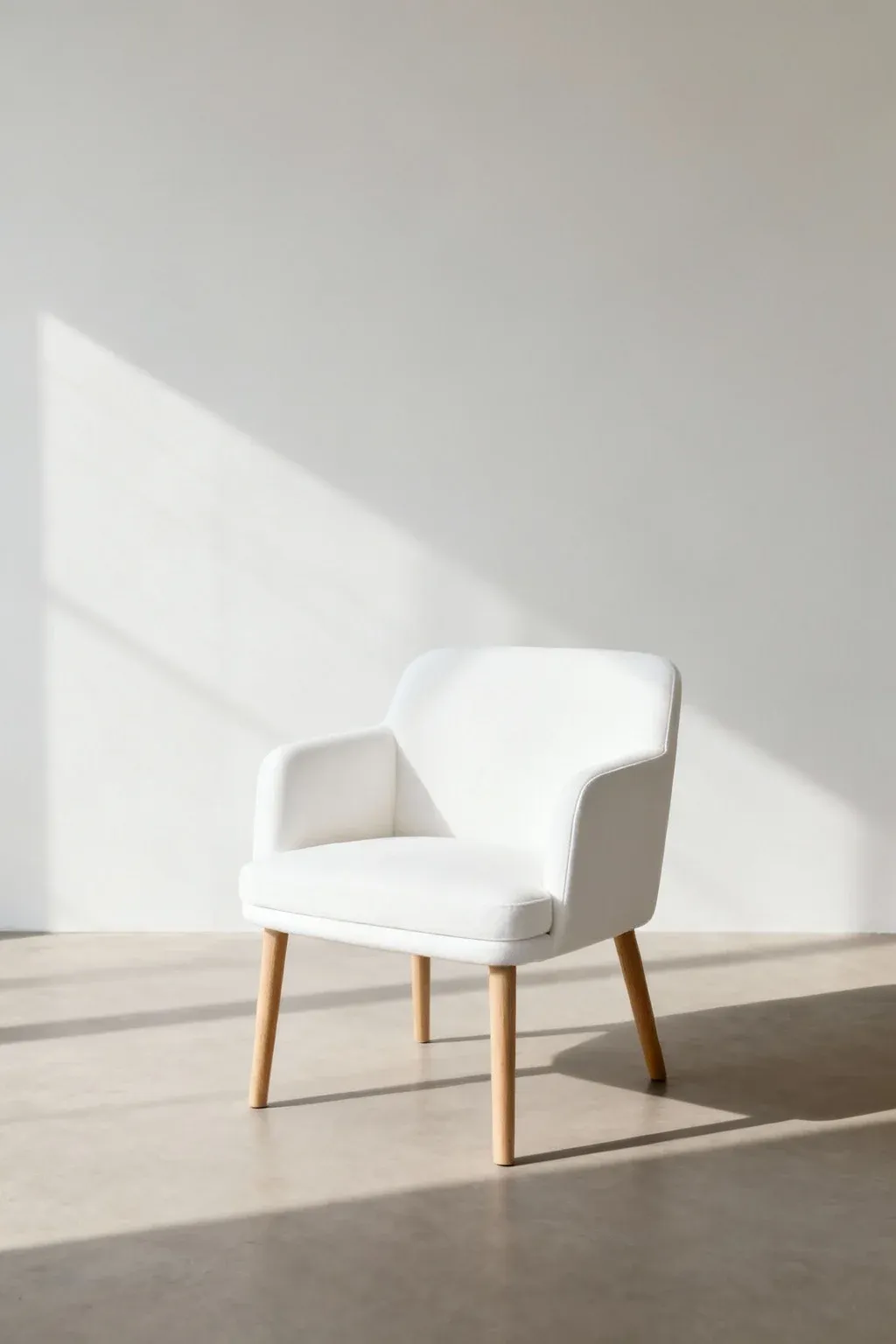 White Scandinavian armchair with slim wooden legs in bright room