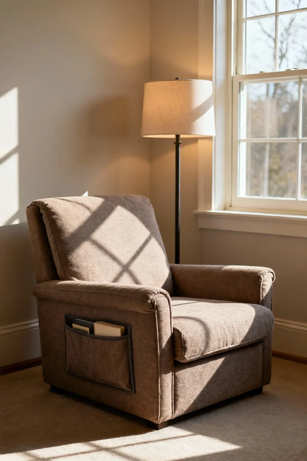 Compact upholstered reading chair with built-in side pocket